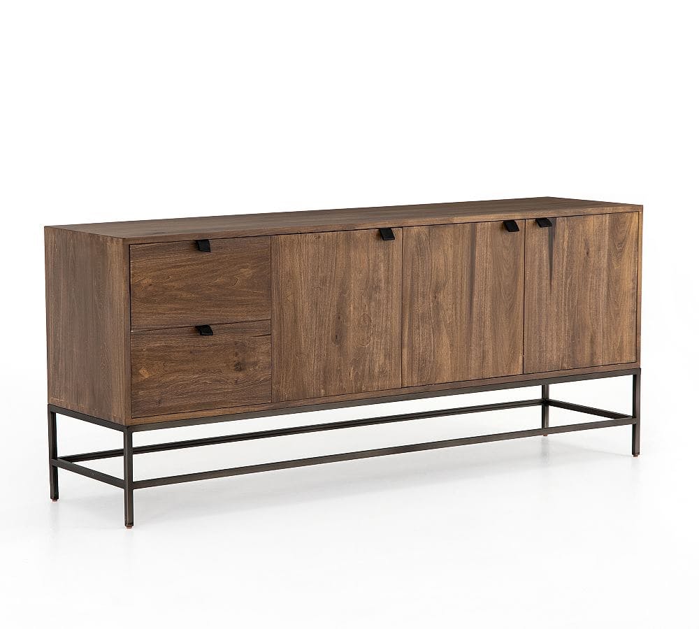 Auburn Poplar Wood 72" Sideboard with Leather Pulls and Iron Base