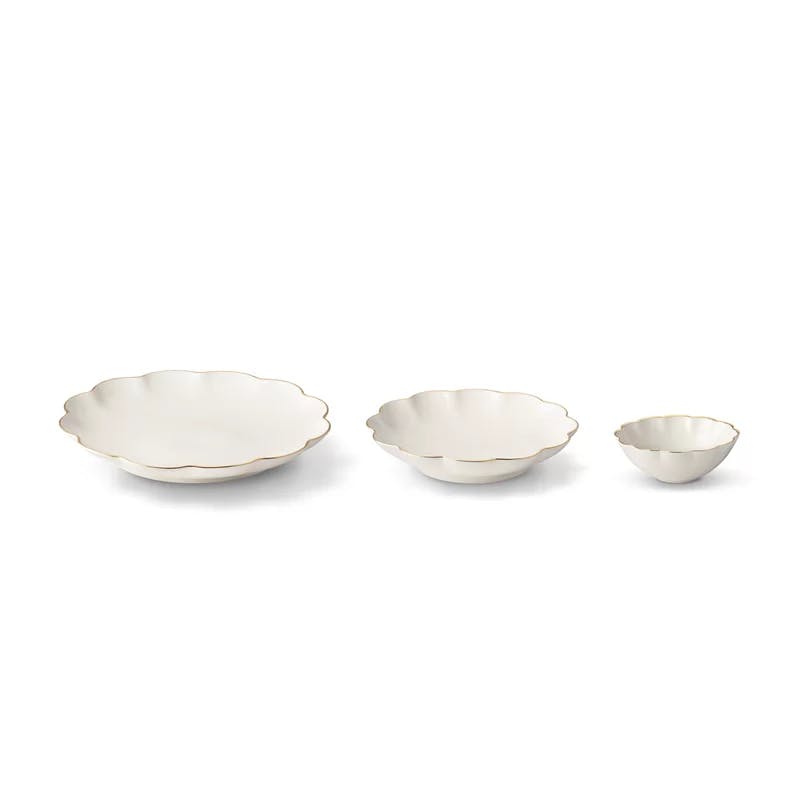 Elegant White Ceramic Serving Bowl Set with Gold Scallop Trim