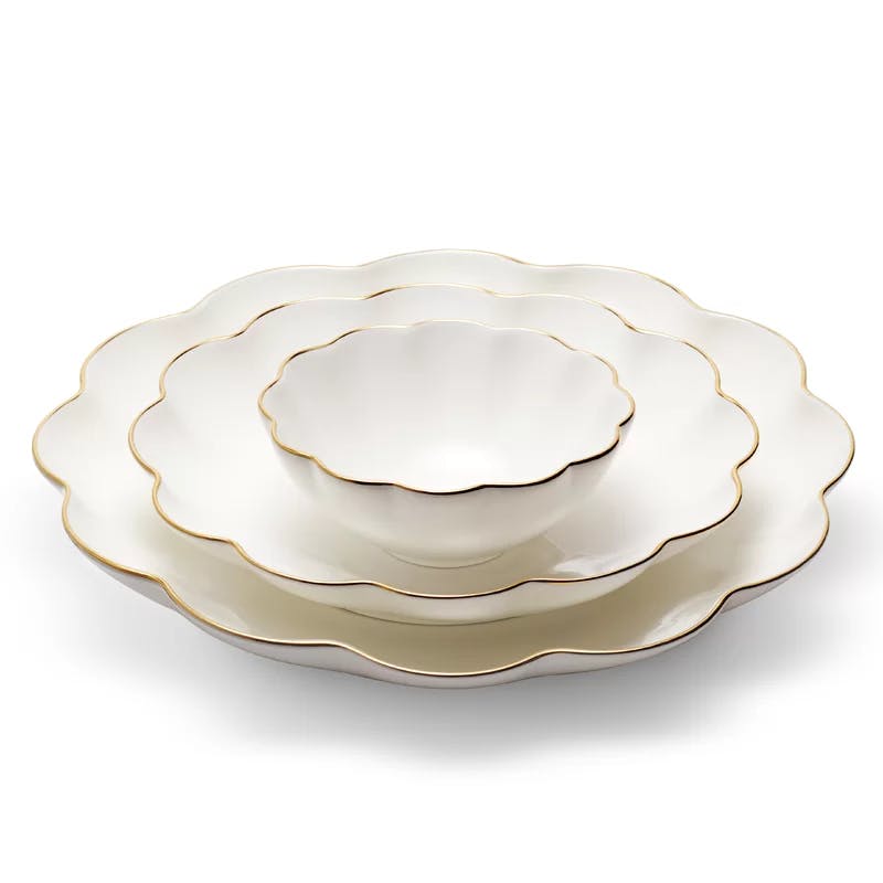 Elegant White Ceramic Serving Bowl Set with Gold Scallop Trim