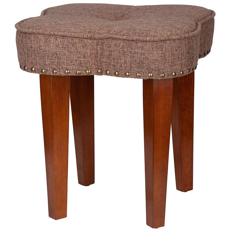 Mahogany Brown Tufted Solid Wood Accent Stool with Nailhead Trim