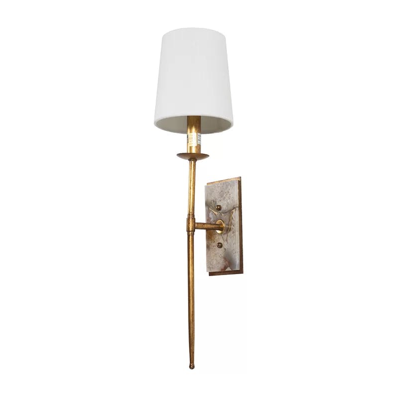 Gilded Gold Torch Style Sconce with White Linen Shade