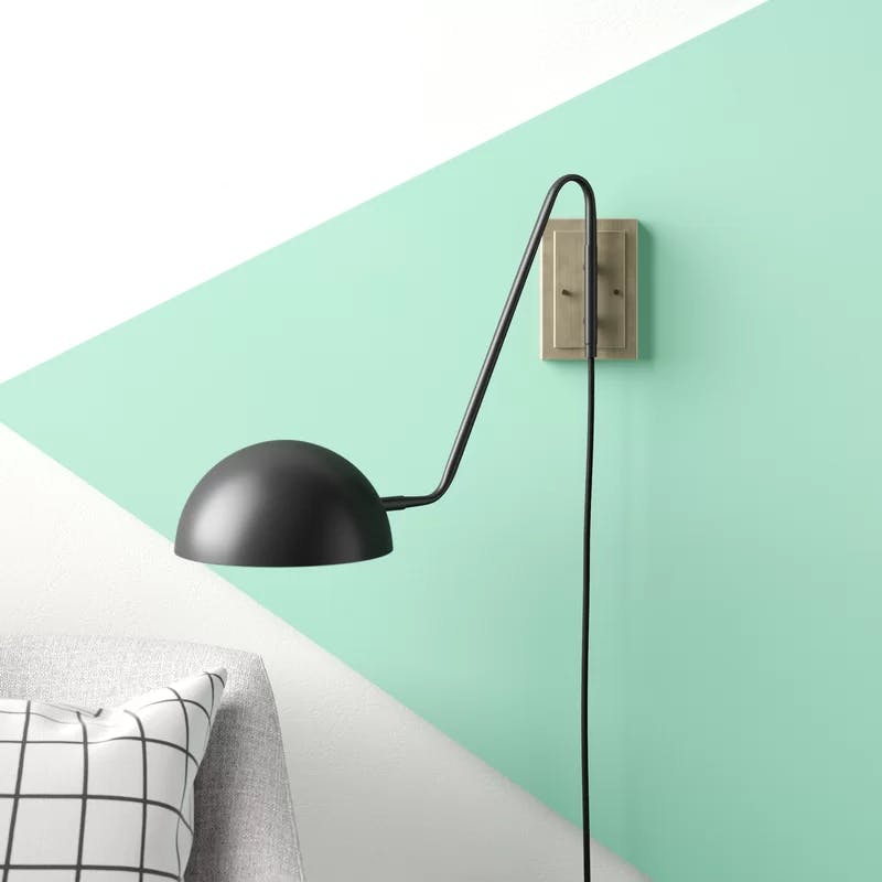 Mid-Century Matte Black Plug-In Wall Sconce with Antique Brass Accents