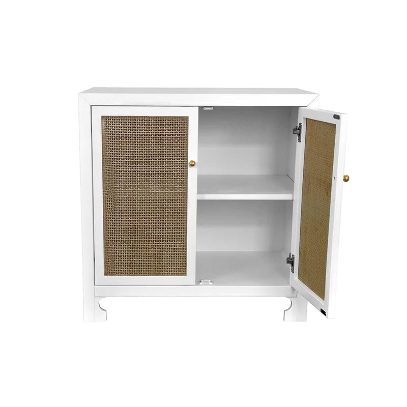 Alden White Lacquer & Cane Accent Cabinet with Brass Hardware