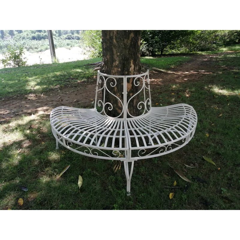 Elegant White Iron Semi-Circle Outdoor Bench
