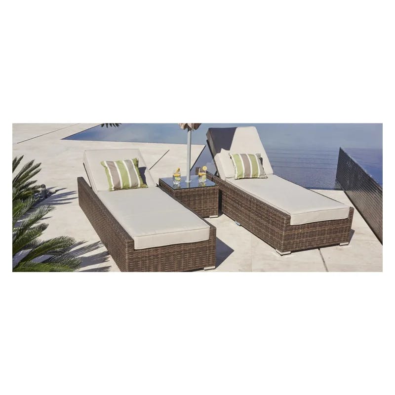 Riviera Elegance Brown Rattan 3-Piece Outdoor Chaise Lounge Set with Beige Cushions