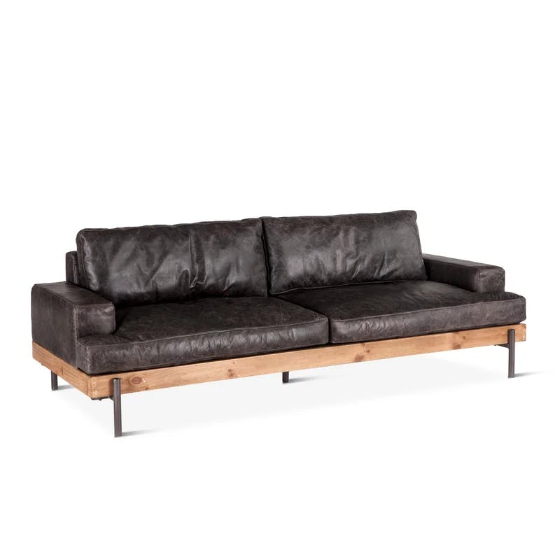 Portofino Distressed Antique Ebony Leather Oak Wood Sofa