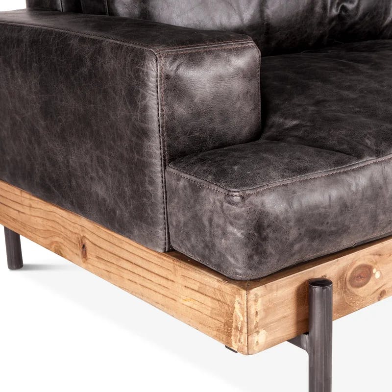 Portofino Distressed Antique Ebony Leather Oak Wood Sofa