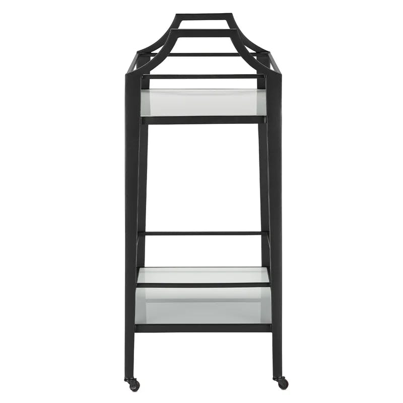 Torrey Elegant Black Metal Bar Cart with Glass Shelves and Storage