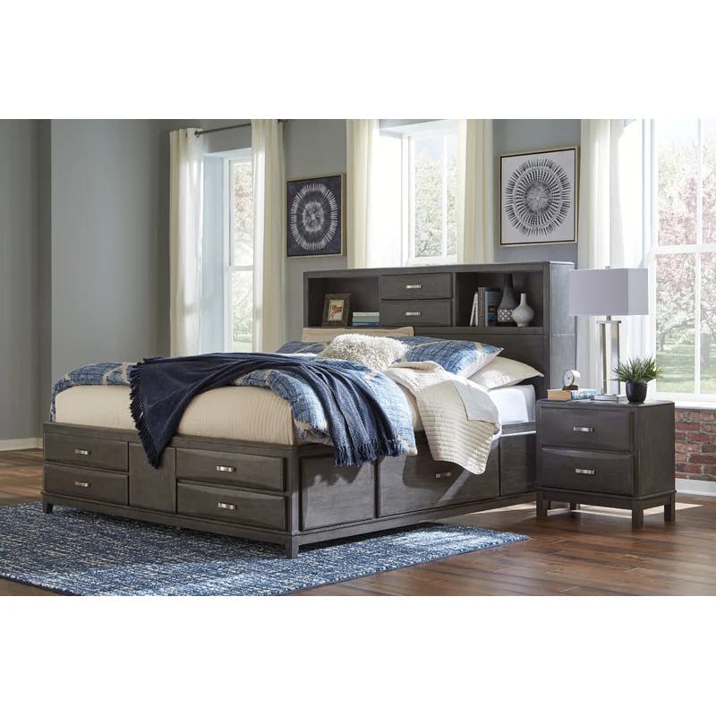 Caitbrook Contemporary Gray Wood King/California King Bookcase Bed with 8 Drawers