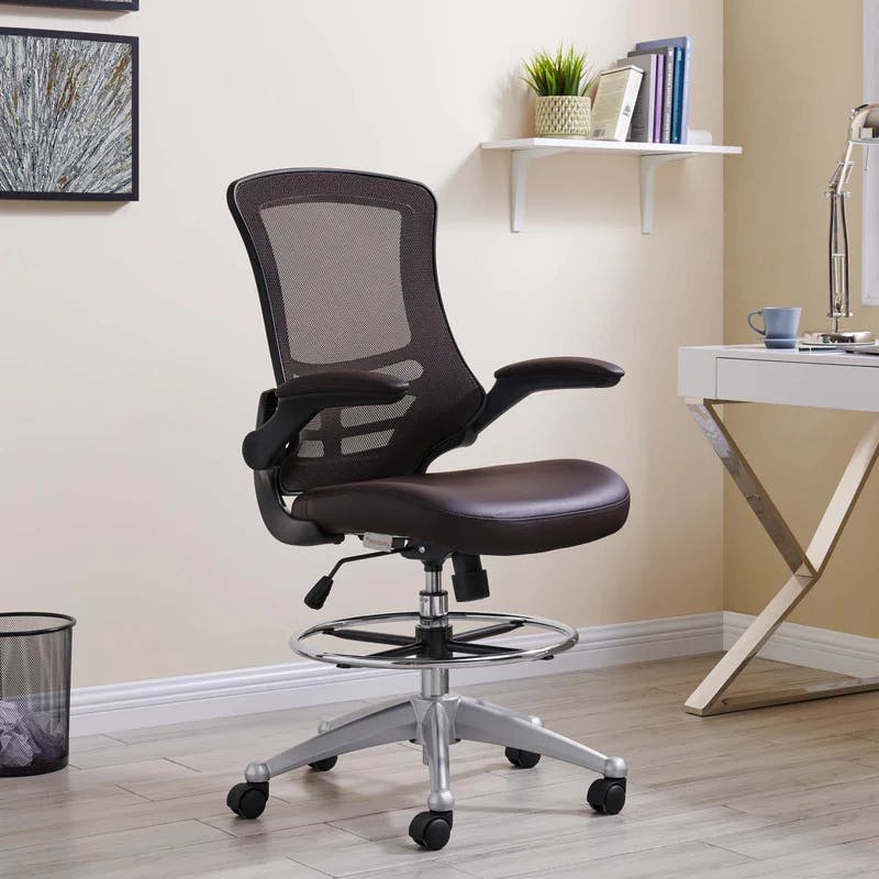 Elevated Brown Vinyl & Mesh Drafting Chair with Adjustable Arms and Swivel