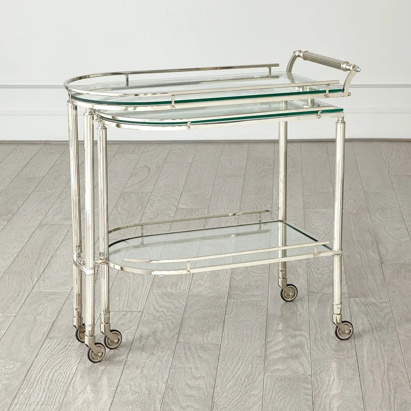 Elegant Curved Glass & Nickel Gallery Bar Cart with Wine Rack