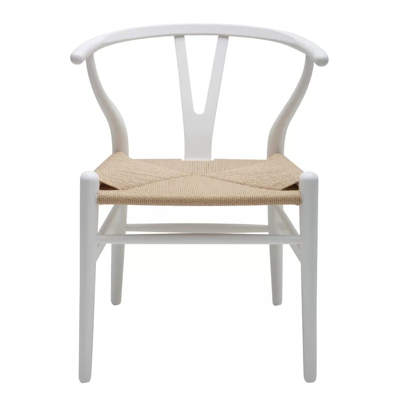 Matte White Wishbone Arm Chair with Beige Rattan Seat