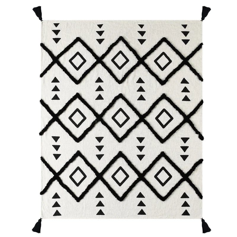 Handmade Tufted Cotton Throw Blanket - Geometric Black/White 50"x60"