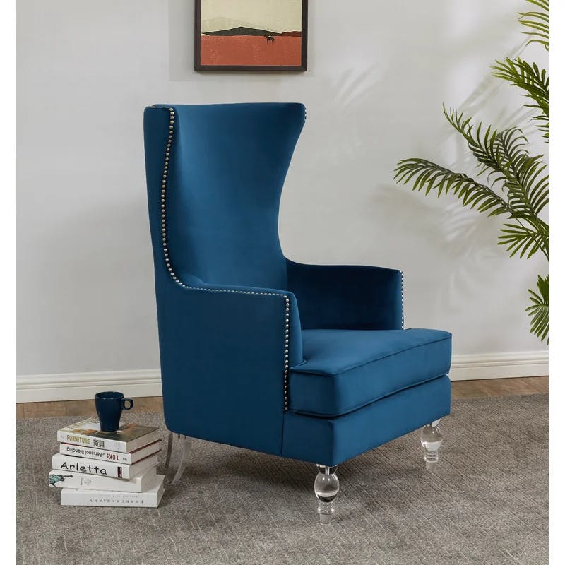Regal Navy Velvet Wingback Accent Chair with Wooden Legs