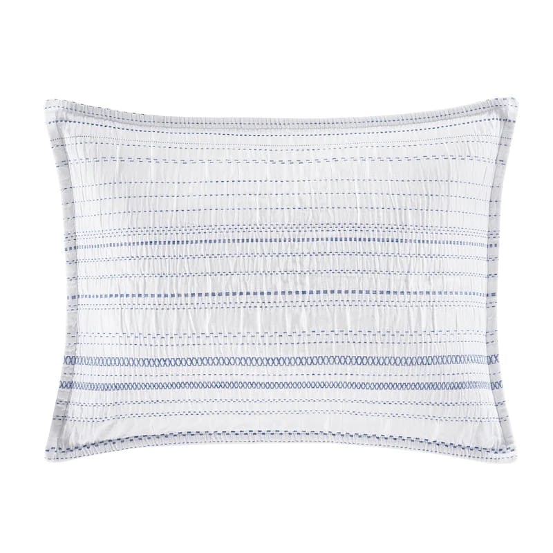 Serenity Woven Dobby Stripe Cotton Sham - Standard/Queen, White and Blue