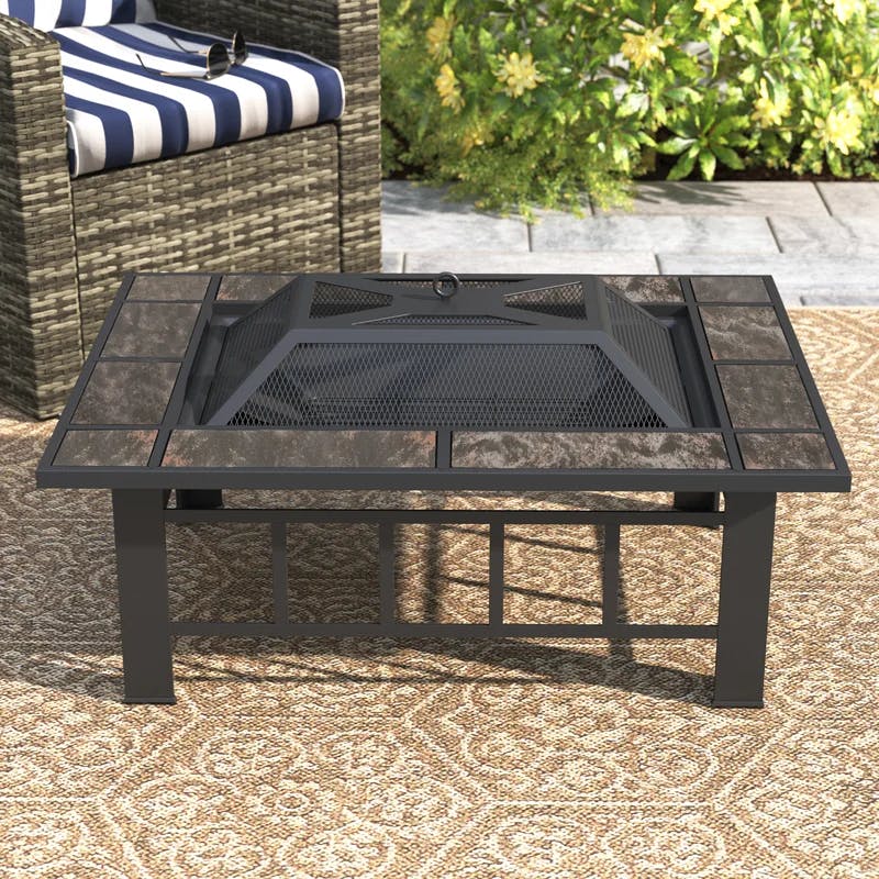 Modern Black Wood 37" Free-Standing Fire Pit Table with Accessories