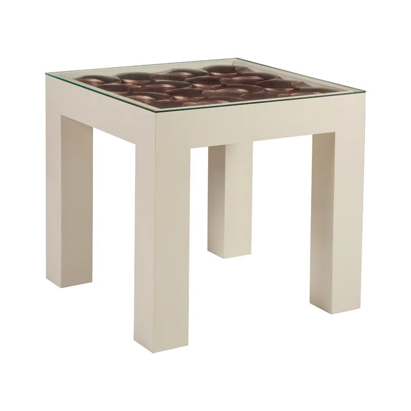 Transitional Beige and Brown Square Wood-Glass End Table