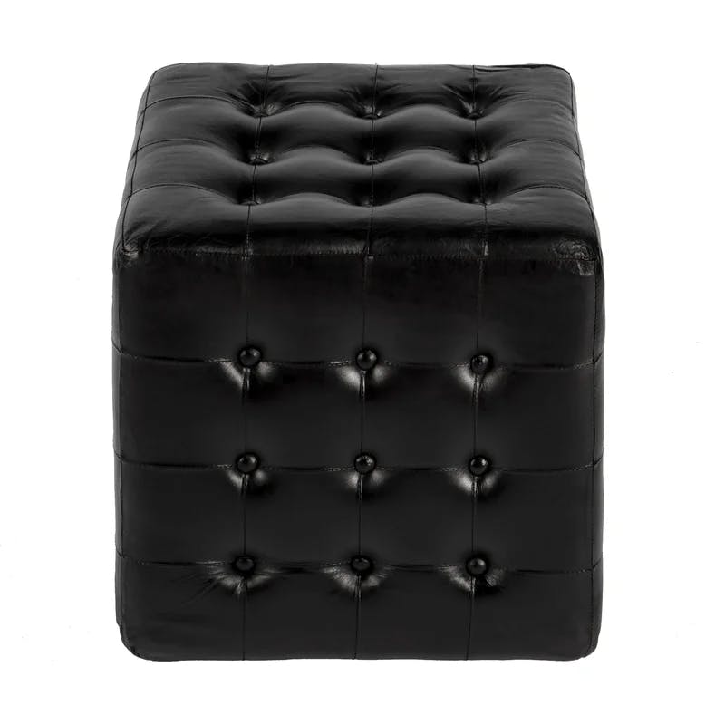 Leon 112'' Black Genuine Leather Tufted Cube Ottoman