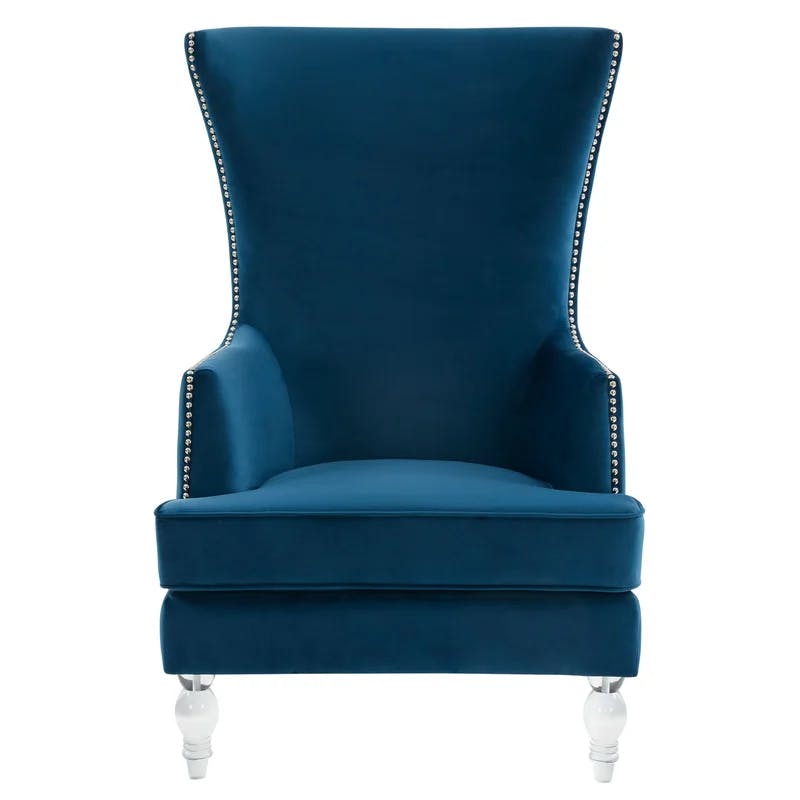 Regal Navy Velvet Wingback Accent Chair with Wooden Legs