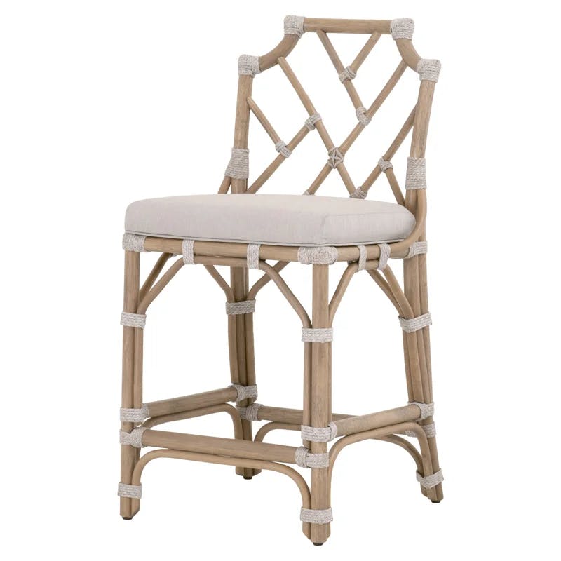 Adjustable Taupe Gray Wooden Counter Stool with Scooped Rattan Back
