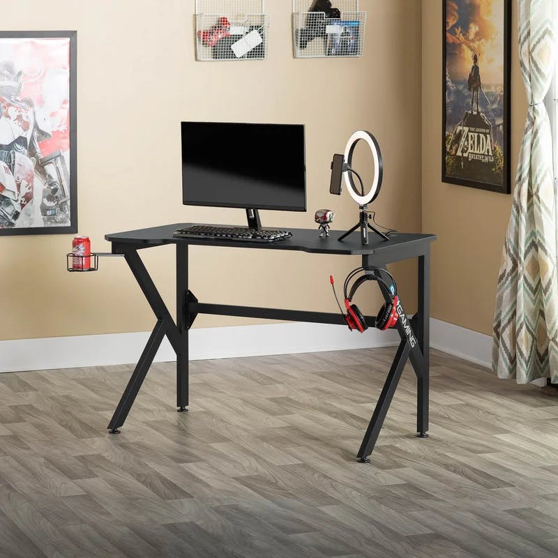 48" Black Carbon-Fiber Inspired Gaming Desk with Charging Hub