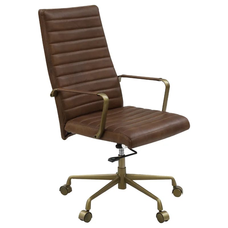 Plywood and Metal Swivel Office Chair with Brown Leather Seat