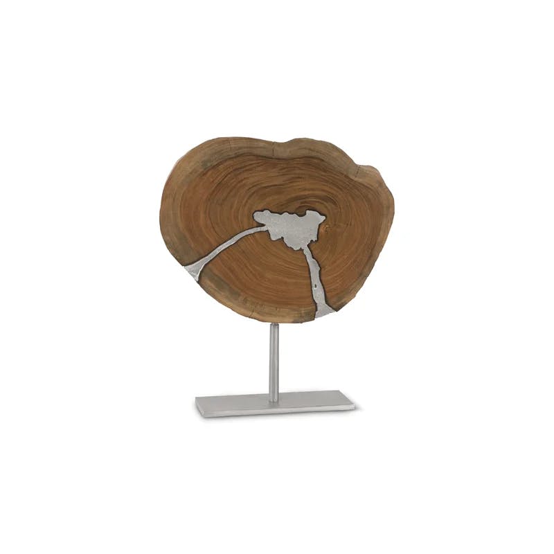 Contemporary Molten Silver and Brown Wood Sculpture