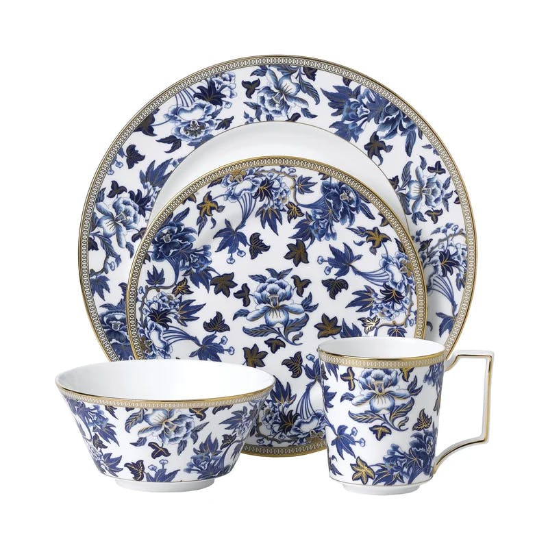 Hibiscus Elegance Porcelain 4-Piece Dinner Set, Blue Floral