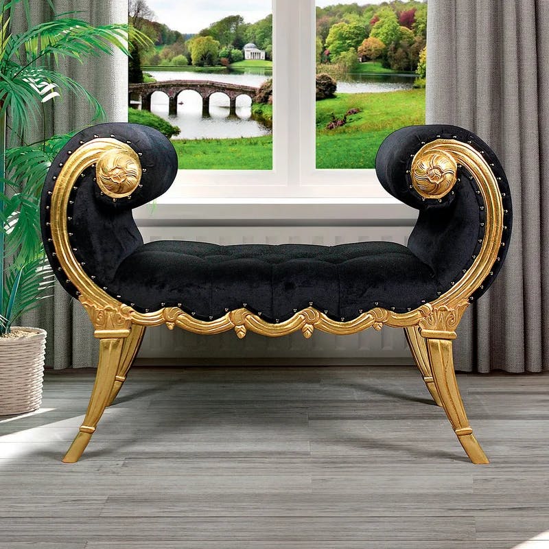 Apolline 45'' Ebony Velvet and Gold Leaf Neoclassical Bench