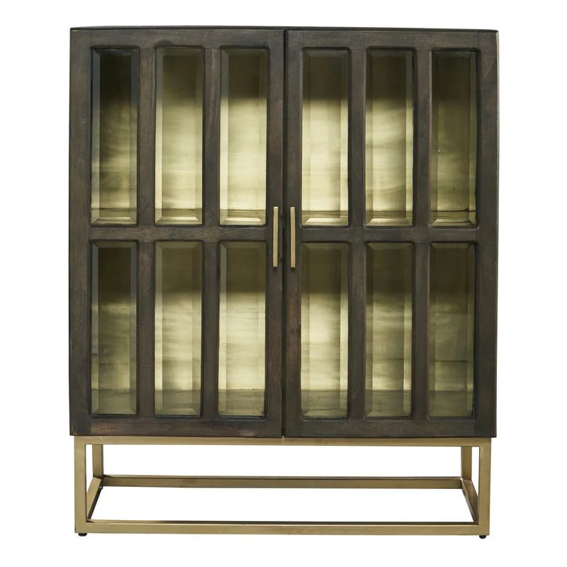 Contemporary Brown and Gold Mango Wood Glass-Paneled Chest