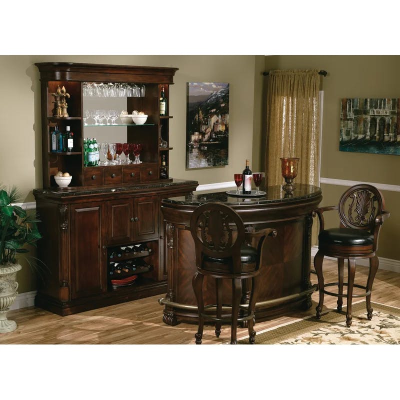 Rustic Cherry Wall Bar Hutch with Glass Shelves and Lighting