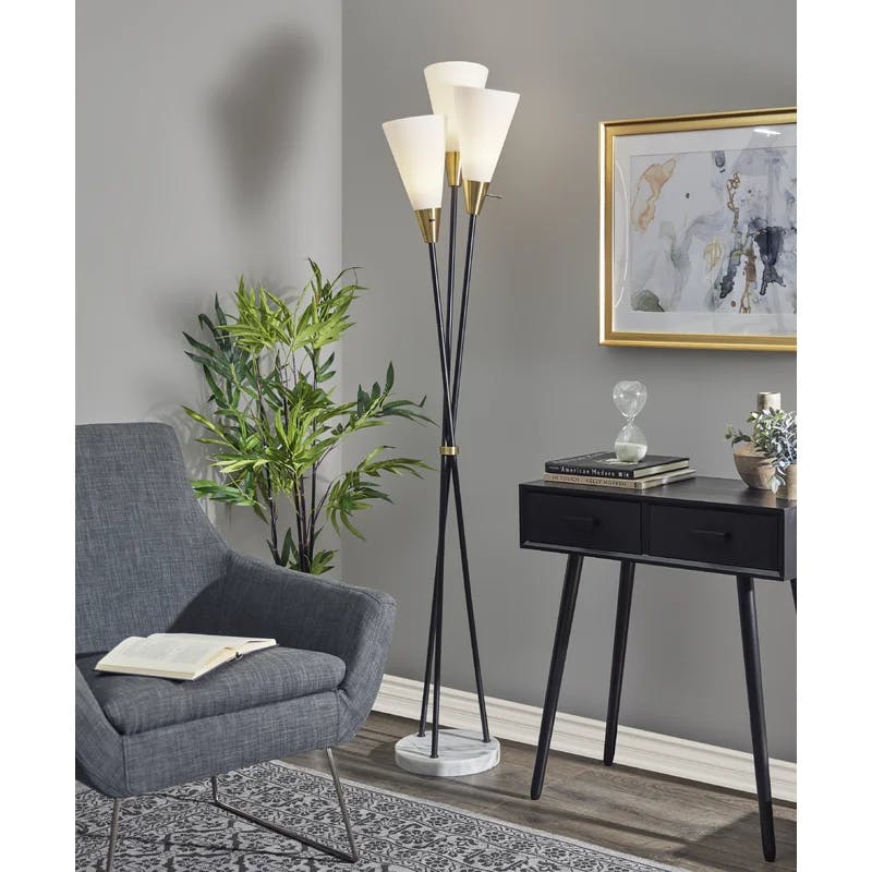 Dixon Mid-Century Modern Black Torchiere with Antique Brass Accents