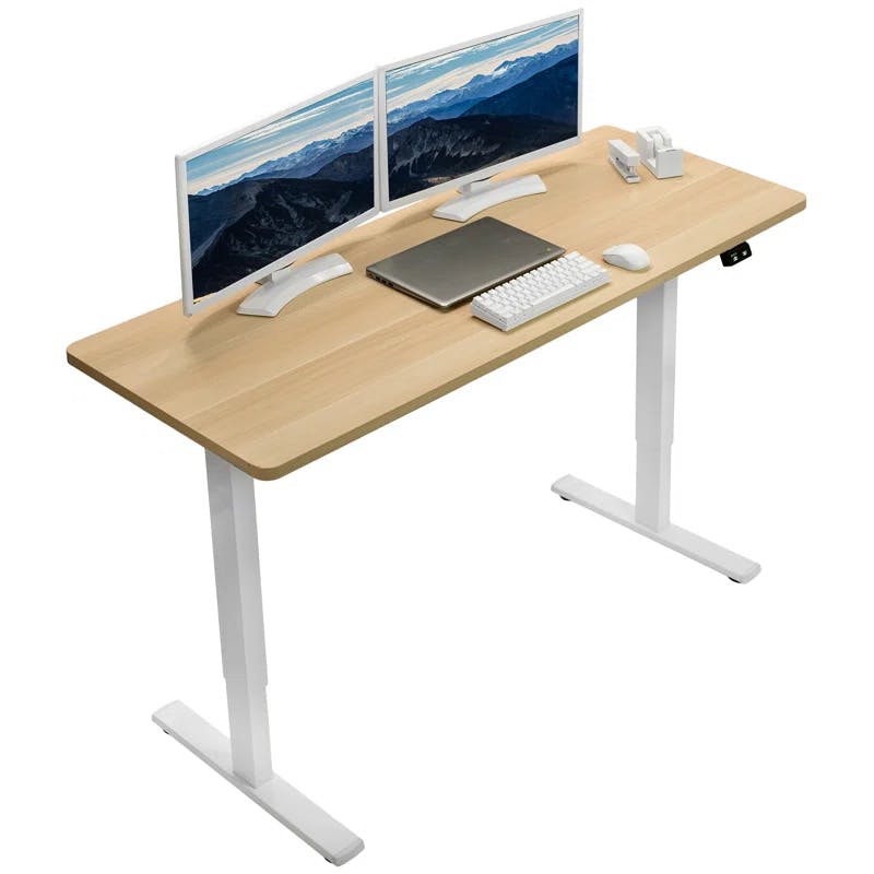 Light Wood and White Electric Adjustable Height Standing Desk