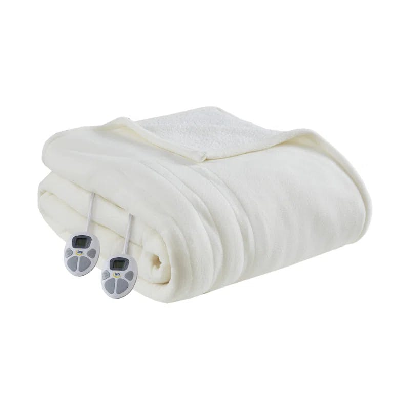 Luxurious Full-Size Ivory Fleece to Sherpa Reversible Heated Blanket