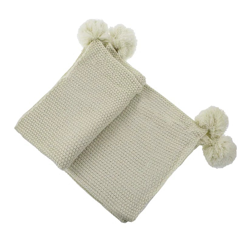 Cozy Corner Chunky Knit Pom Pom Throw Blanket - Natural & Brown