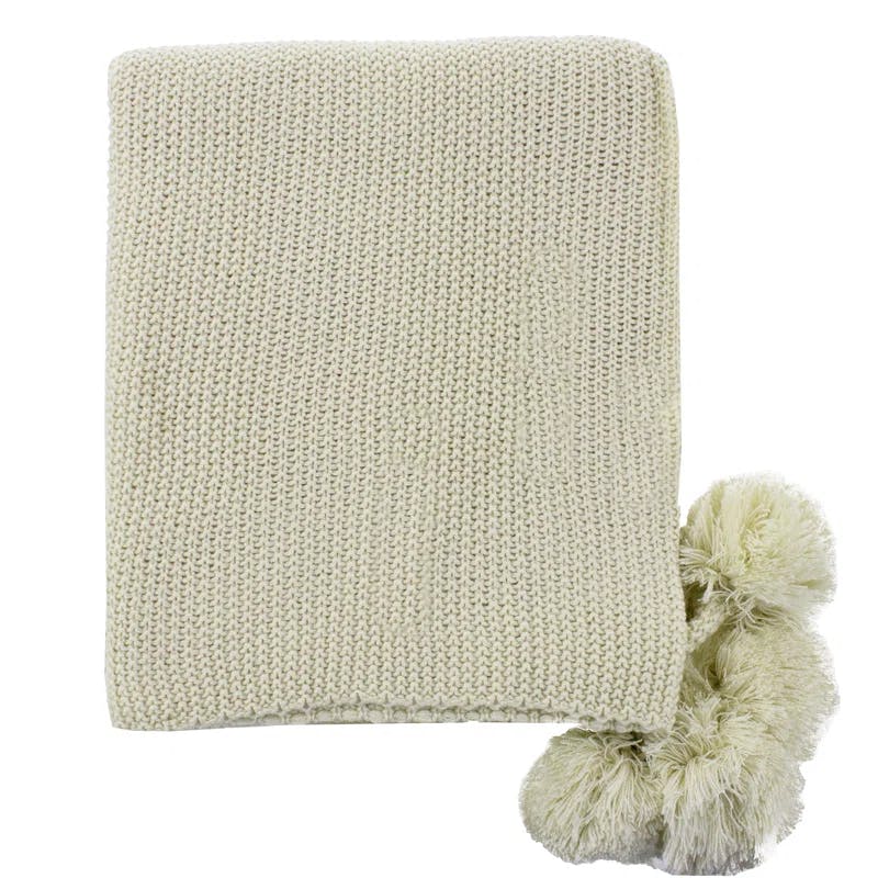 Cozy Corner Chunky Knit Pom Pom Throw Blanket - Natural & Brown