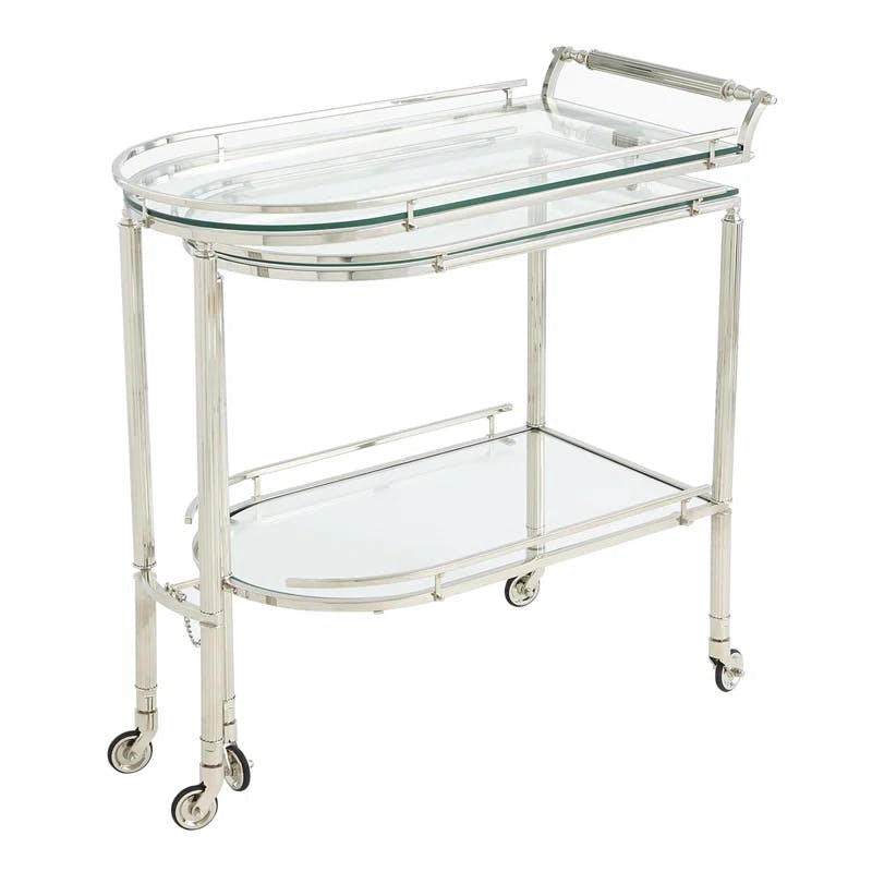 Elegant Curved Glass & Nickel Gallery Bar Cart with Wine Rack