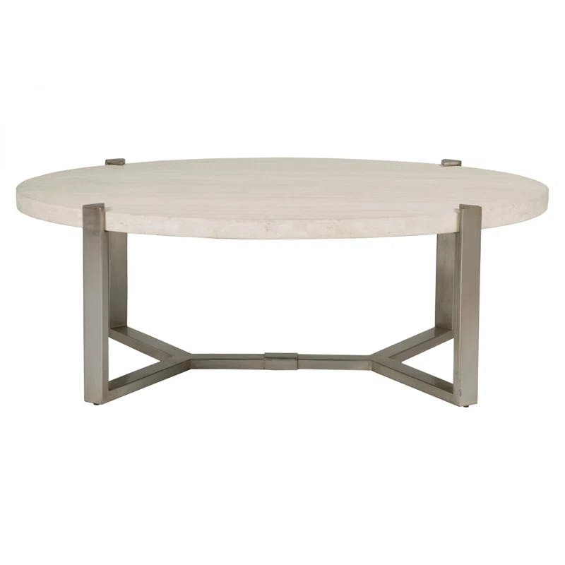 Mid-Century Modern Beige Oval Cocktail Table with Silver Leaf Base