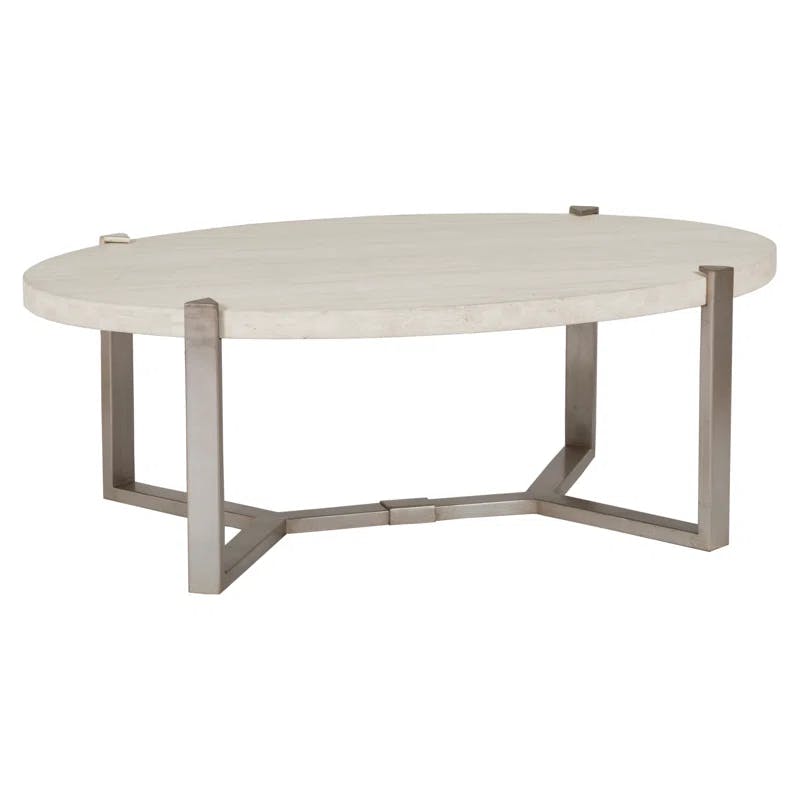 Mid-Century Modern Beige Oval Cocktail Table with Silver Leaf Base