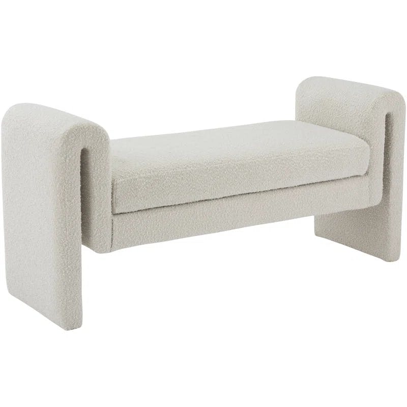 Curved Cream Boucle Fabric Contemporary Bench