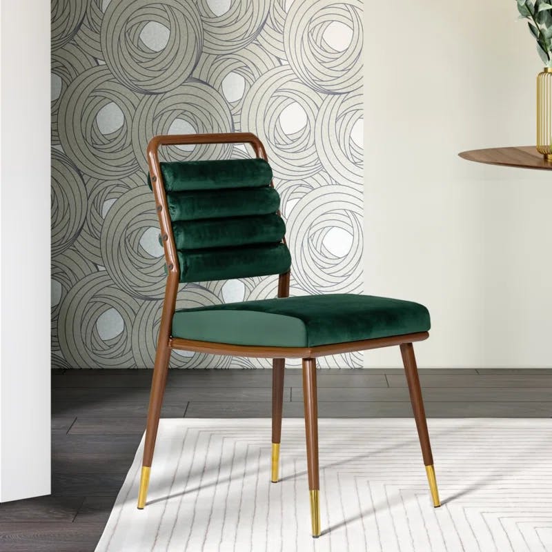 Biscay Modern Dark Green Velvet & Walnut Gold-Tipped Dining Chair