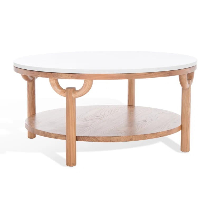 35" Elm Wood & White Marble Round Coffee Table with Storage
