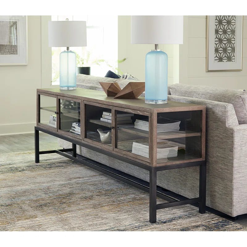 Transitional 88.5'' Black/Brown Oak Media Console with Cabinet