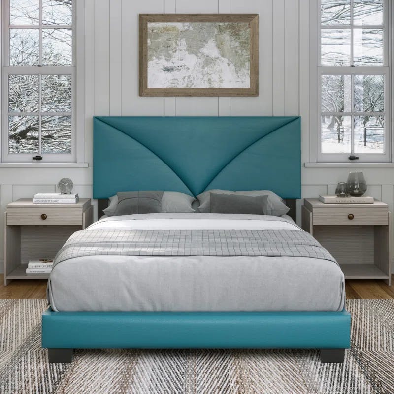 Modern Teal Twin Faux Leather Upholstered Bed with Chevron Headboard