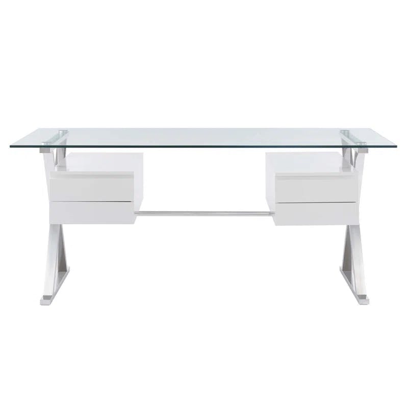 Elegant 71" White Glass Desk with Floating Drawers & Steel Frame
