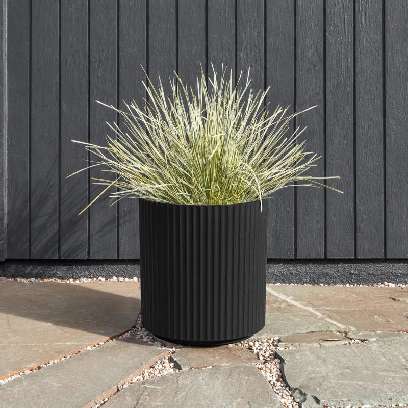 Veradek Mason 16" Black Plastic-Stone Round Outdoor Planter