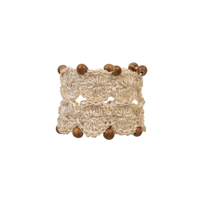 Whitewash Abaca Fiber Macrame Napkin Ring with Wooden Beads