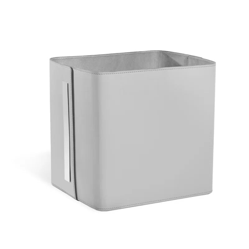 Portia Light Grey Faux Leather Storage Basket with Polished Nickel Accents