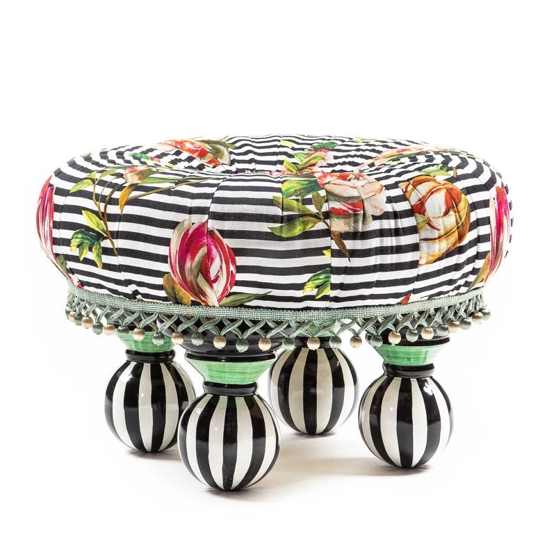 Aurora Floral and Stripe Tufted Round Ottoman with Majolica Legs
