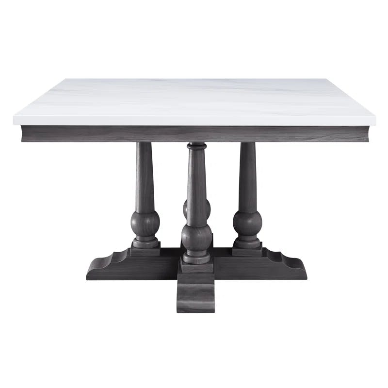 Transitional Gray Oak and White Marble Square Dining Table